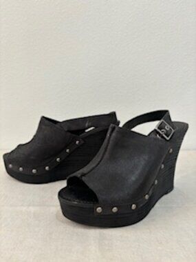 Black Leather/Suede Open Toe Wedge Heel - Size 8